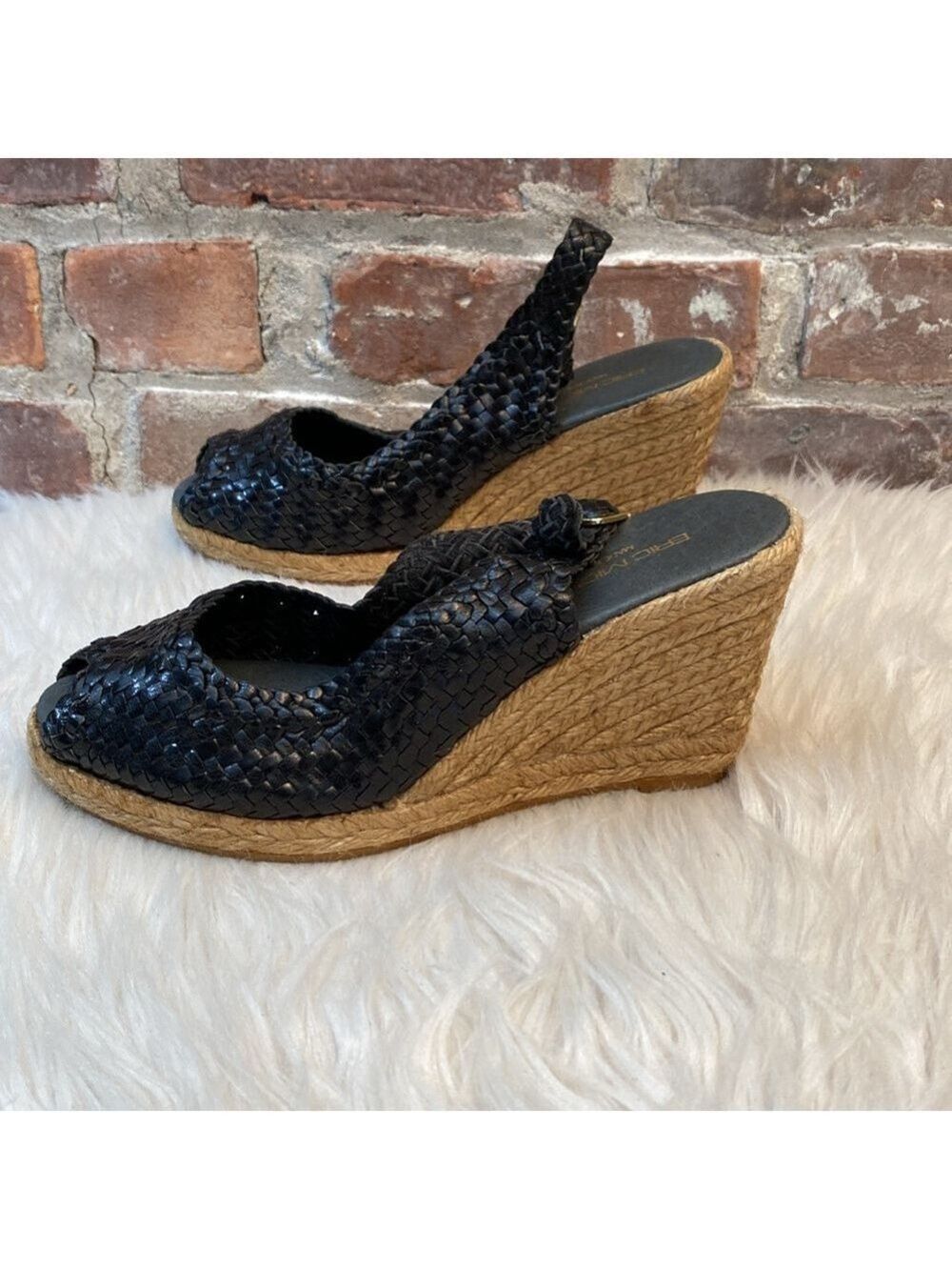Eric Michael Black Woven Leather Espadrille Wedge Sandals, Size 38